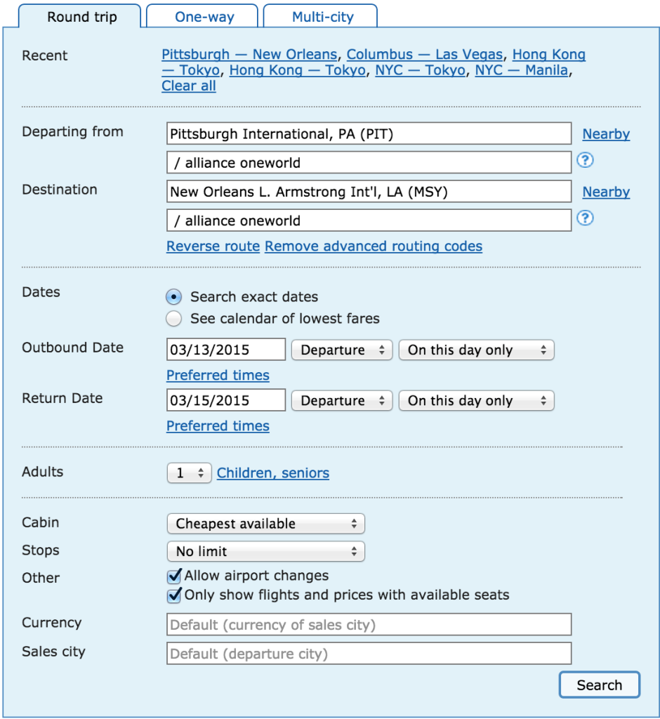 PIT to MSY Example Matrix Search