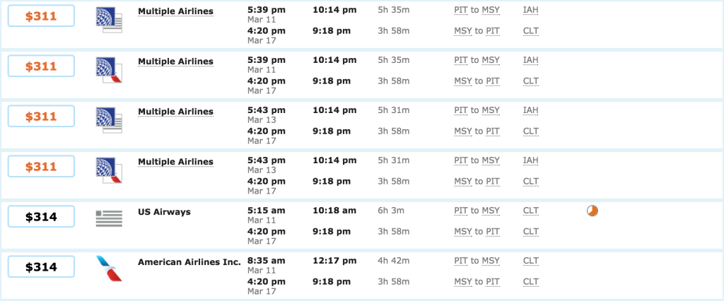 Sample Flexible PIT to MSY Flights
