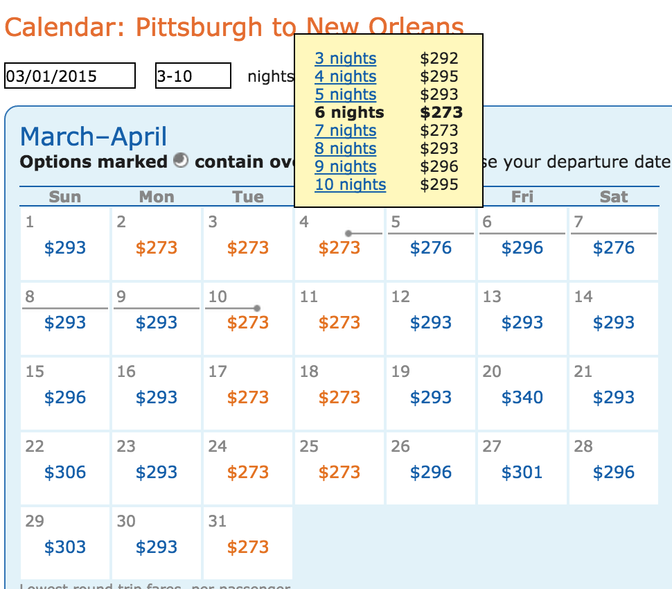 Calendar Search for PIT to MSY