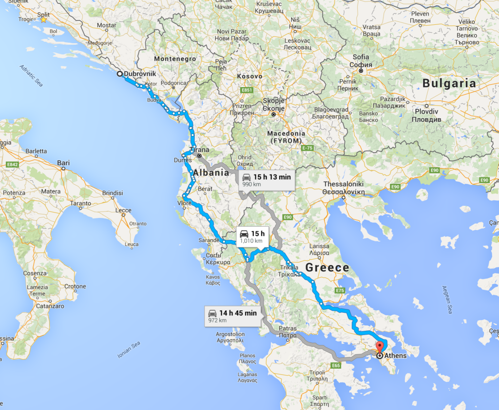 Route from Dubrovnik, Croatia to Athens, Greece
