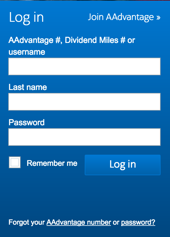 American Airlines AAdvantage Login Form